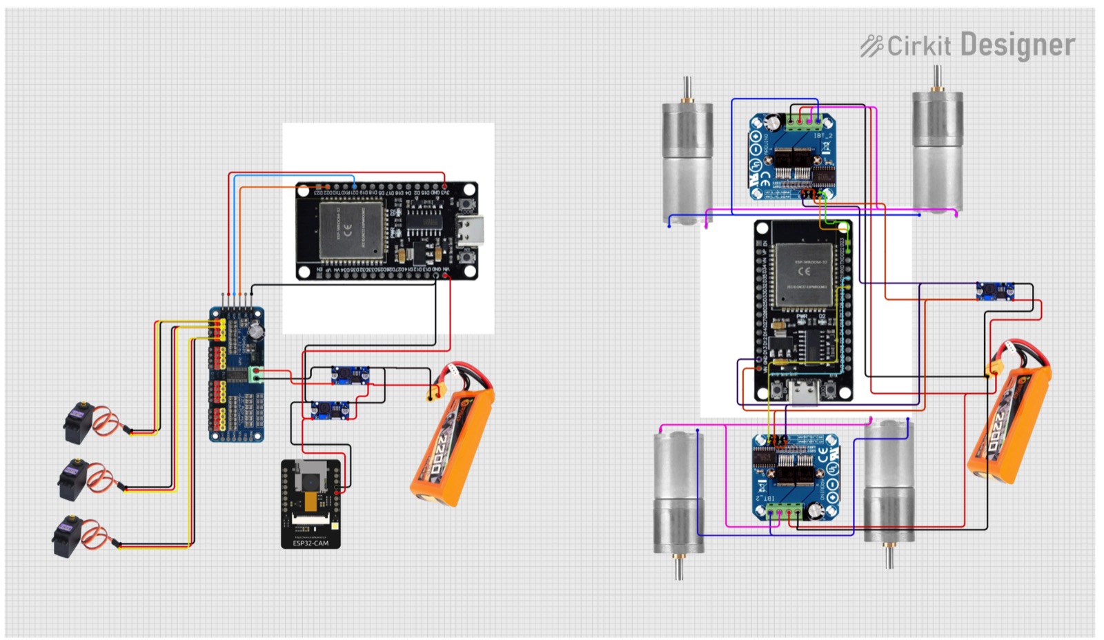Circuit / wiring diagram — sensors, ESP32 controllers, MG996R servos and the motor-driver power domains.