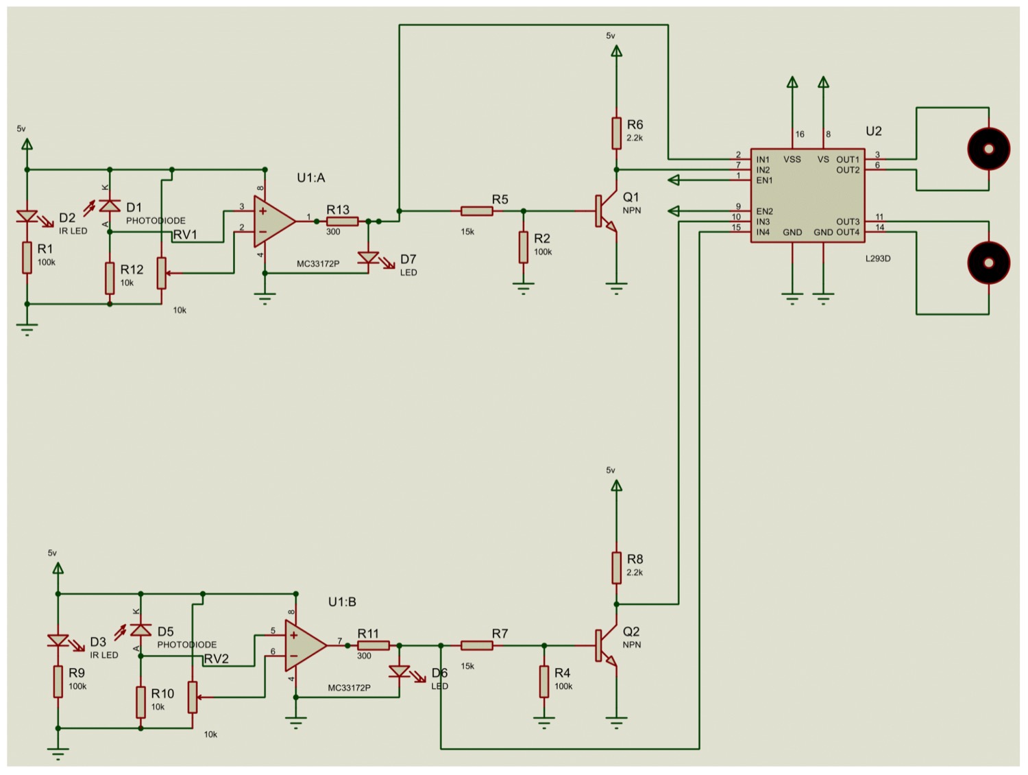 Full circuit: IR sensors → op-amp comparators → RTL NOT gates (NPN BJTs) → L298N H-bridge → DC motors — no programmable parts.