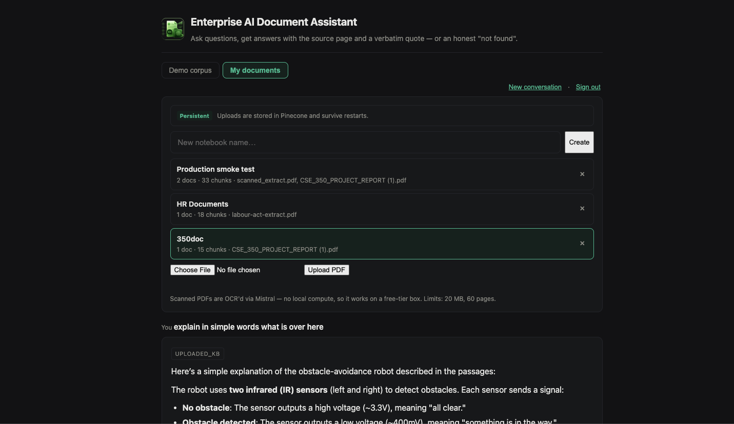 Enterprise AI Document Assistant interface — notebooks, PDF upload and a cited answer