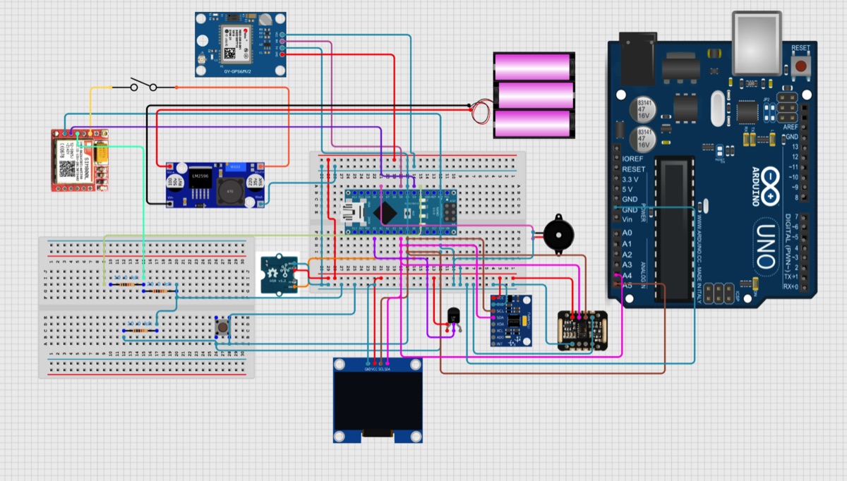 Arduino-based circuit schematic of the wearable health-monitoring and fall-detection device